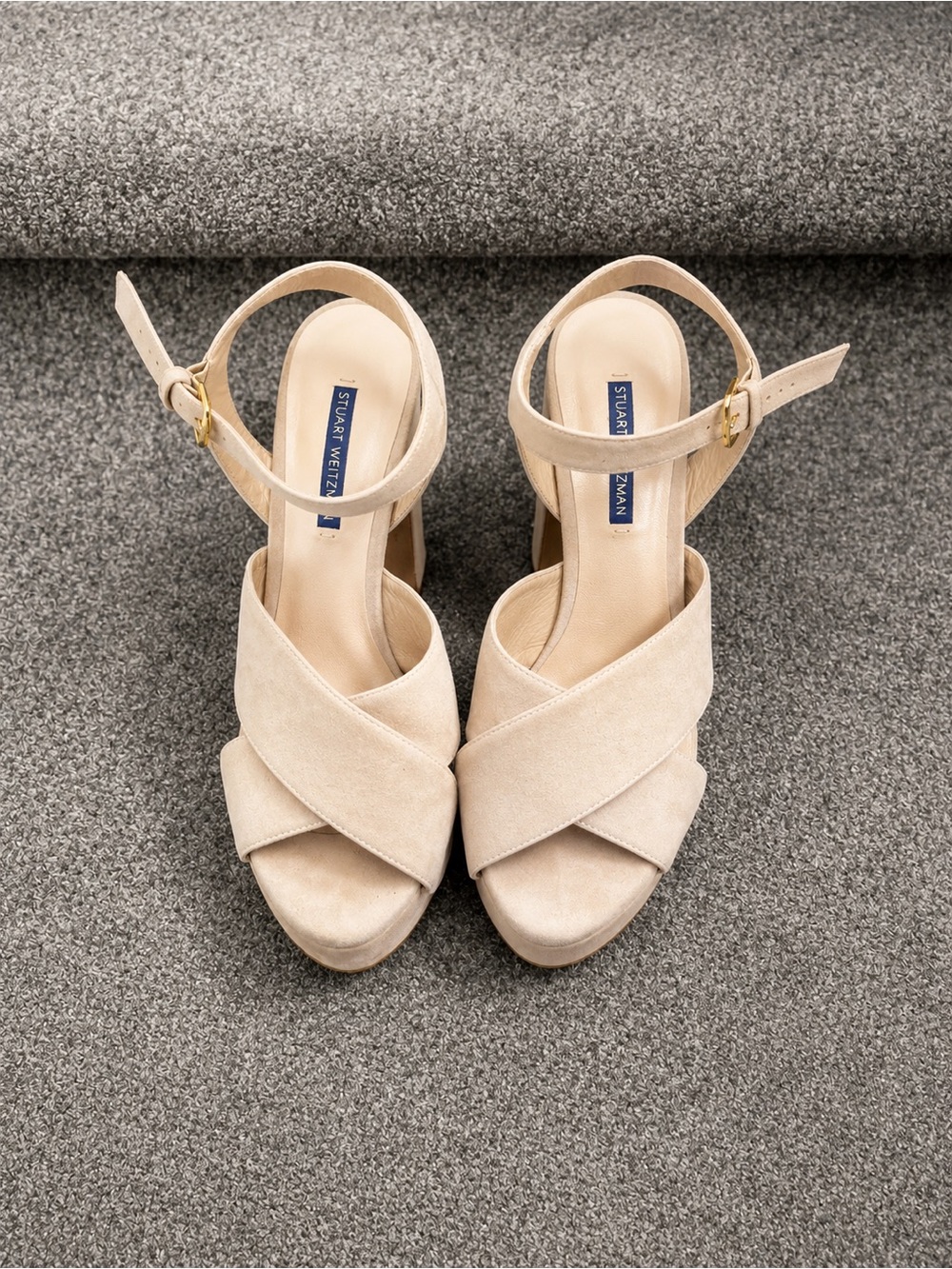 Stuart Weitzman Beige Suede Platform Block-Heel Sandals